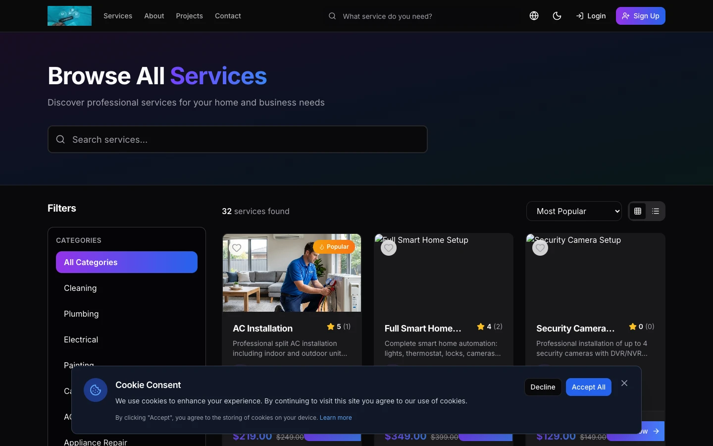 Handyman Platform service catalog page