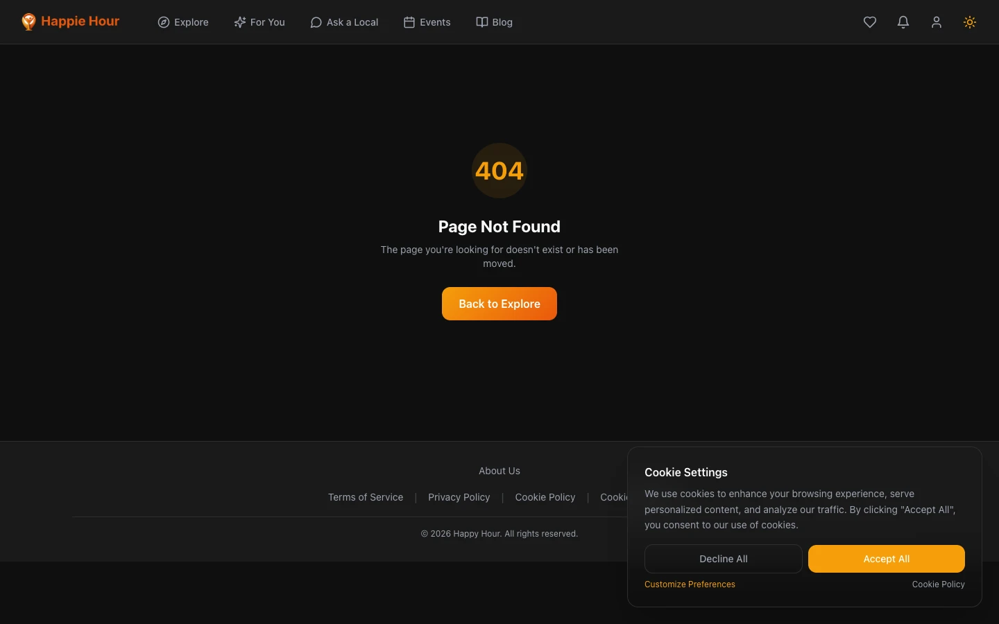 Happie Hour about page describing the platform mission and features