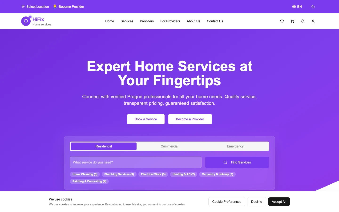 HiFix.cz homepage showing the job posting flow and professional listings