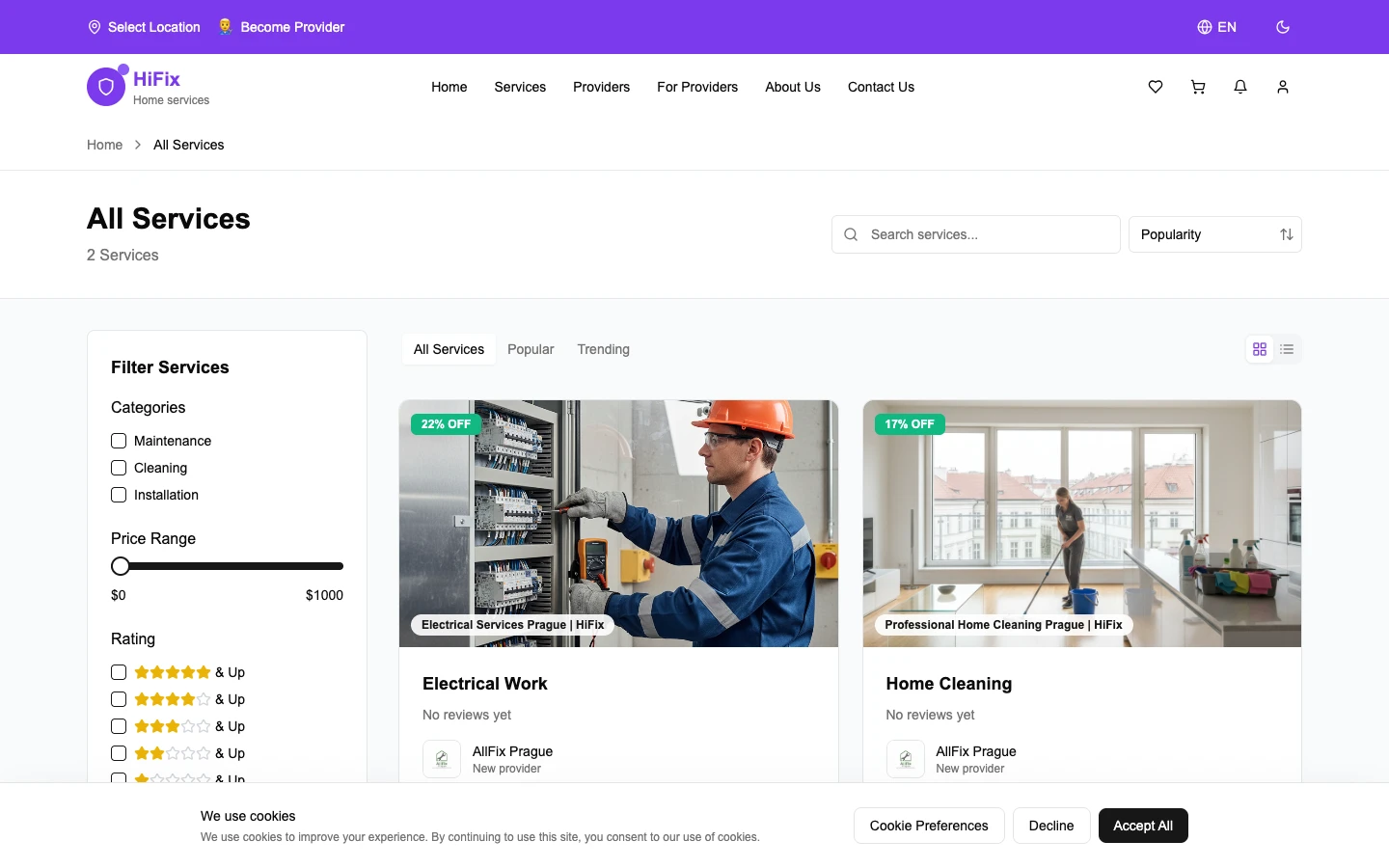 HiFix.cz service listings showing categories, professional profiles and quote requests